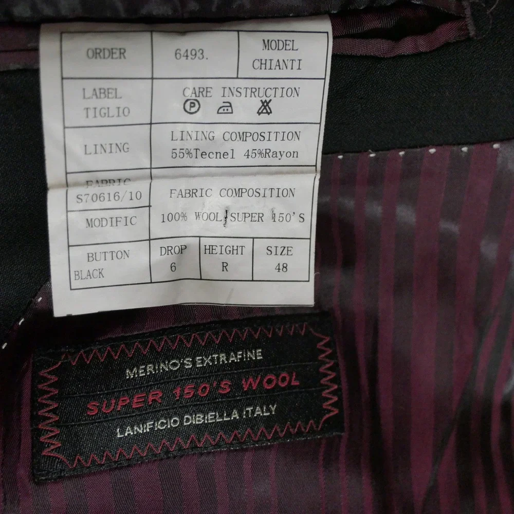Tiglio Mens 3-Piece Suit 48R Black Super 150s Merino Wool Chianti Dapper Italian